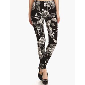 Black & Gray Charcoal Floral Rose Flower Printed Leggings Tights